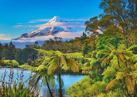 Taranaki Mountain and Lake Mangamahoe- New Zealand White Modern Wood Framed Art Print with Double Matting by Krahmer, Frank