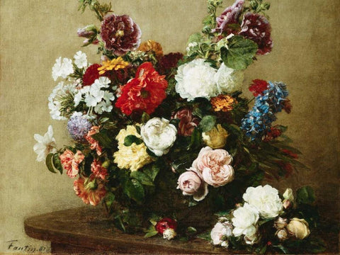 Bouquet of Various Flowers Black Ornate Wood Framed Art Print with Double Matting by Fantin-Latour, Henri