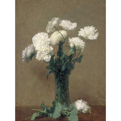 White Poppies Gold Ornate Wood Framed Art Print with Double Matting by Fantin-Latour, Henri