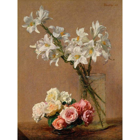 Roses and Lilies Gold Ornate Wood Framed Art Print with Double Matting by Fantin-Latour, Henri
