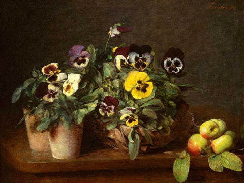 Still Life with Pansies  Black Ornate Wood Framed Art Print with Double Matting by Fantin-Latour, Henri