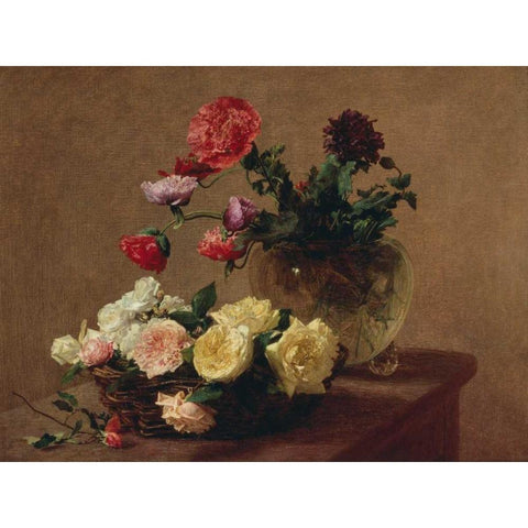 Poppies in a Crystal Vase and Roses in a Basket (detail) White Modern Wood Framed Art Print by Fantin-Latour, Henri