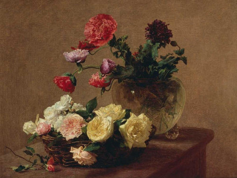 Poppies in a Crystal Vase and Roses in a Basket (detail) Black Ornate Wood Framed Art Print with Double Matting by Fantin-Latour, Henri