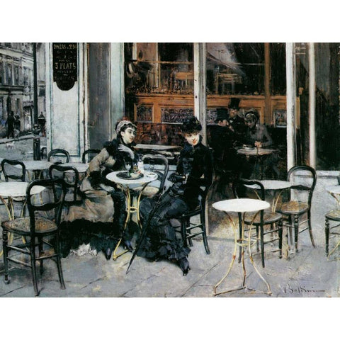 Conversazione al caffe Parigi Gold Ornate Wood Framed Art Print with Double Matting by Boldini, Giovanni