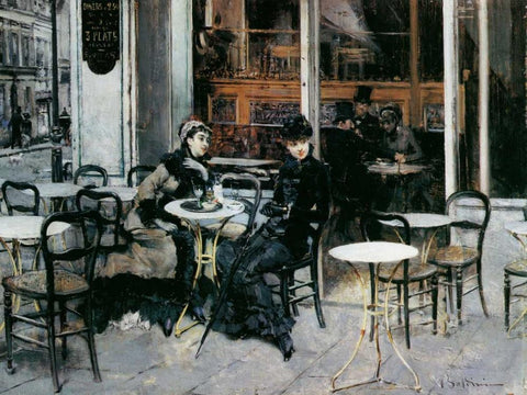 Conversazione al caffe Parigi Black Ornate Wood Framed Art Print with Double Matting by Boldini, Giovanni