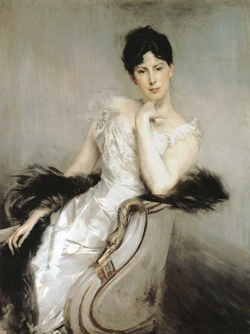 Signora in bianco Black Ornate Wood Framed Art Print with Double Matting by Boldini, Giovanni