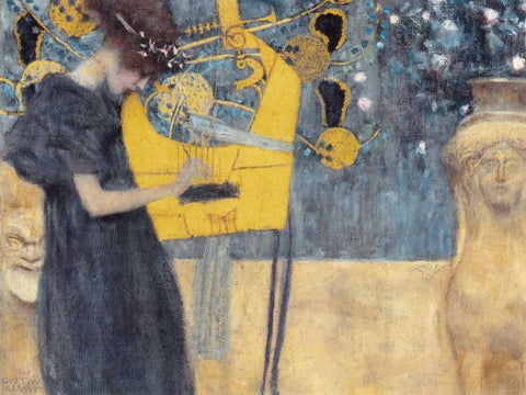 Musik White Modern Wood Framed Art Print with Double Matting by Klimt, Gustav