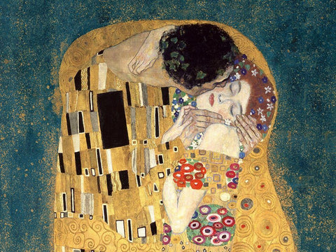 The Kiss, detail (Blue variation) White Modern Wood Framed Art Print with Double Matting by Gustav, Klimt