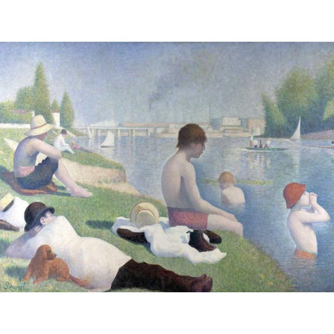 Bathers at Asnieres Gold Ornate Wood Framed Art Print with Double Matting by Seurat, Georges