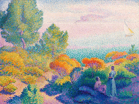 Two Women by the Shore, Mediterranean White Modern Wood Framed Art Print with Double Matting by Cross, Henri Edmond