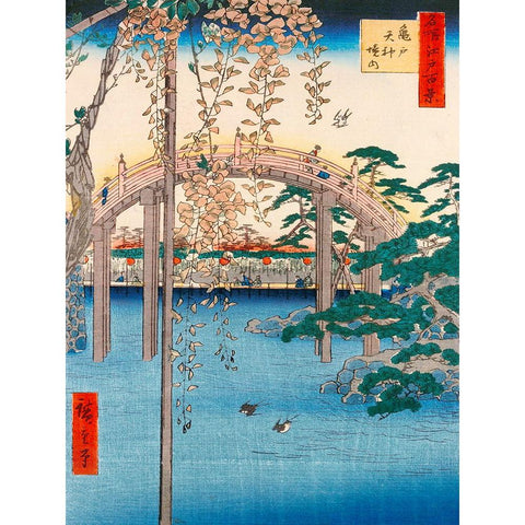 Wisteria at Kameido Tenjin Shrine White Modern Wood Framed Art Print by Hiroshige, Ando