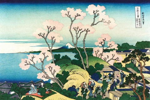 Goten-yama Hill at Shinagawa circa 1830 White Modern Wood Framed Art Print with Double Matting by Hokusai