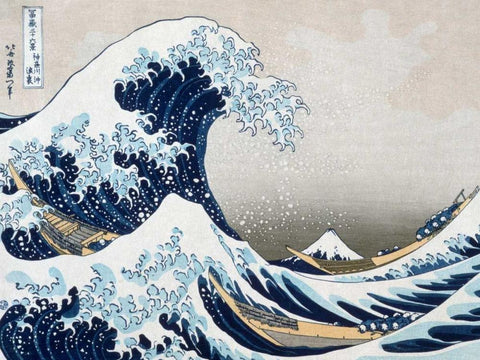 The Wave off Kanagawa Black Ornate Wood Framed Art Print with Double Matting by Hokusai