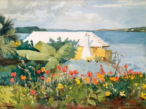 Flower Garden and Bungalow, Bermuda White Modern Wood Framed Art Print with Double Matting by Homer, Winslow