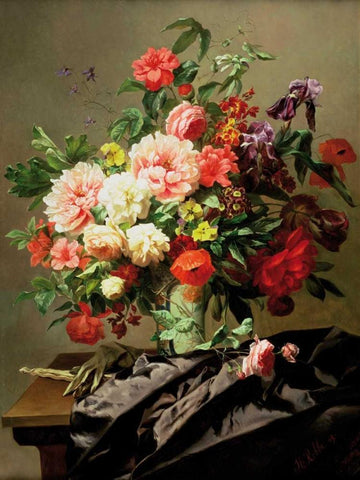 Peonies Poppies and Roses White Modern Wood Framed Art Print with Double Matting by Robbe, Henri