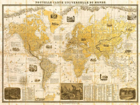 Gilded 1859 Map of the World White Modern Wood Framed Art Print with Double Matting by Joannoo