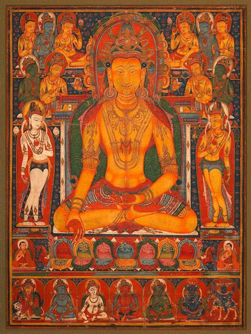 Buddha Ratnasambhava with Wealth Deitie Black Ornate Wood Framed Art Print with Double Matting by Anonymous