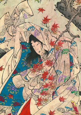 Maple leaf gathering White Modern Wood Framed Art Print with Double Matting by Yoshitoshi, Tsukioka