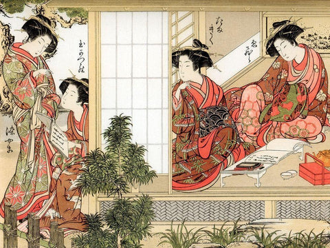 Japanese Beauties, 1776  White Modern Wood Framed Art Print with Double Matting by Shunsho, Katsukawa