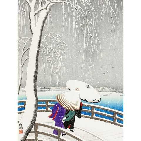 Two women in the snow on Yanagi Bridge Gold Ornate Wood Framed Art Print with Double Matting by Koson, Ohara