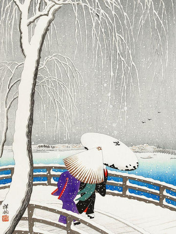 Two women in the snow on Yanagi Bridge White Modern Wood Framed Art Print with Double Matting by Koson, Ohara