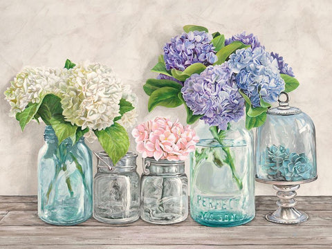 Flowers in Mason Jars (detail) Black Ornate Wood Framed Art Print with Double Matting by Jenny, Thomlinson