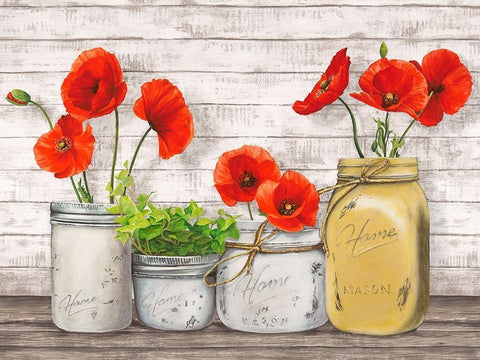 Poppies in Mason Jars (detail) White Modern Wood Framed Art Print with Double Matting by Jenny, Thomlinson