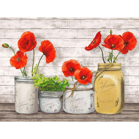 Poppies in Mason Jars (detail) White Modern Wood Framed Art Print by Jenny, Thomlinson
