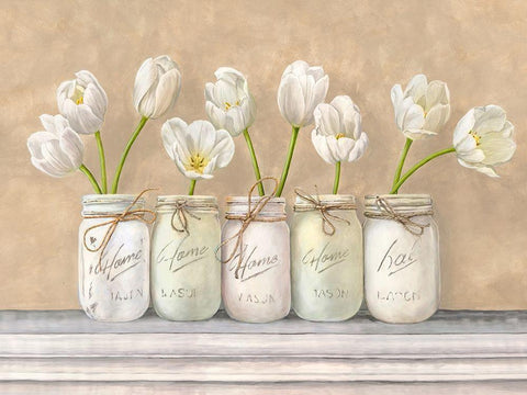 White Tulips in Mason Jars Black Ornate Wood Framed Art Print with Double Matting by Jenny, Thomlinson