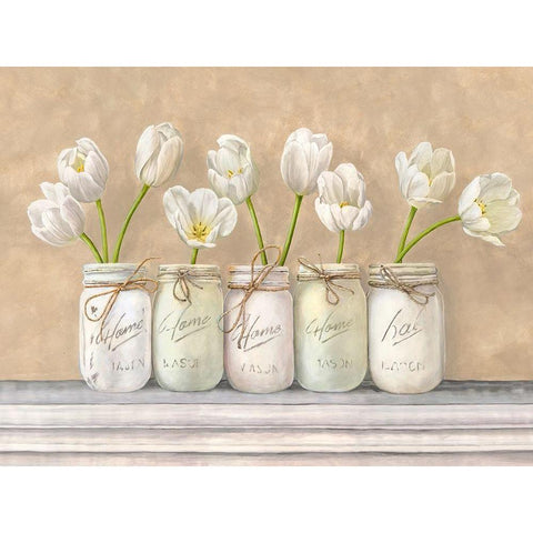 White Tulips in Mason Jars Black Modern Wood Framed Art Print by Jenny, Thomlinson