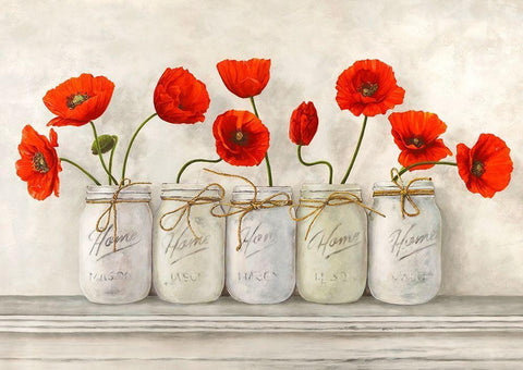 Red Poppies in Mason Jars White Modern Wood Framed Art Print with Double Matting by Jenny, Thomlinson