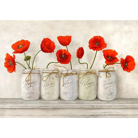 Red Poppies in Mason Jars White Modern Wood Framed Art Print by Jenny, Thomlinson