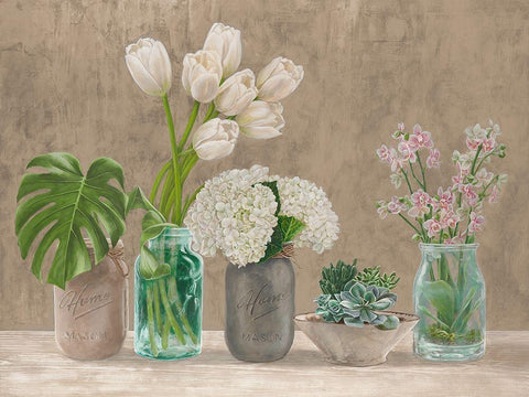 Spring Arrangement I - neutral Black Ornate Wood Framed Art Print with Double Matting by Thomlinson, Jenny