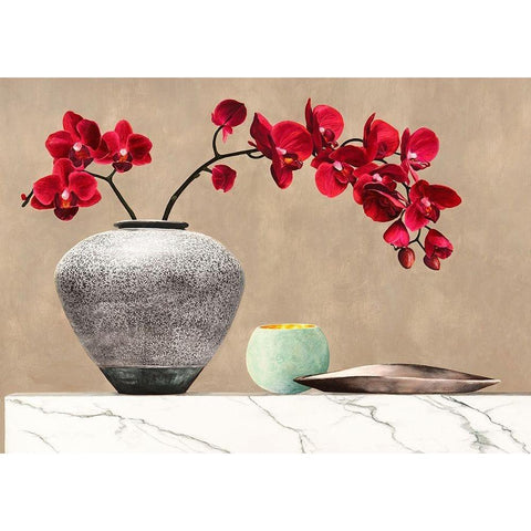 Red Orchids on White Marble (detail) White Modern Wood Framed Art Print by Thomlinson, Jenny