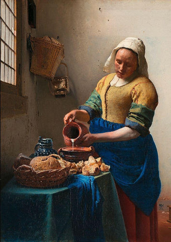 The Milkmaid - detail Black Ornate Wood Framed Art Print with Double Matting by Vermeer, Jan