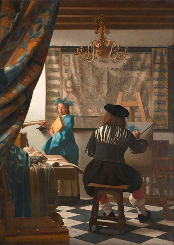 The Art of Painting - detail Black Ornate Wood Framed Art Print with Double Matting by Vermeer, Jan