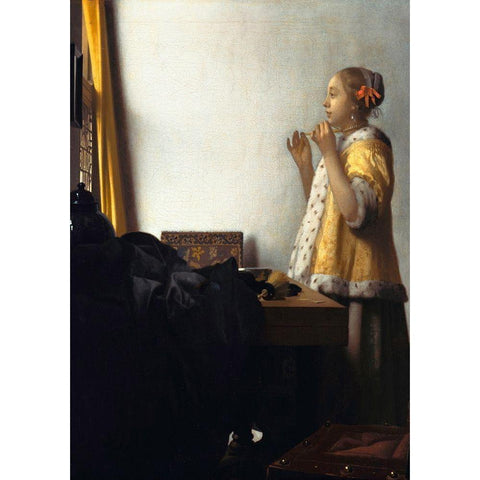 Woman with a Pearl Necklace - detail White Modern Wood Framed Art Print by Vermeer, Jan