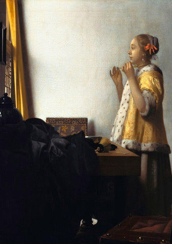 Woman with a Pearl Necklace - detail White Modern Wood Framed Art Print with Double Matting by Vermeer, Jan