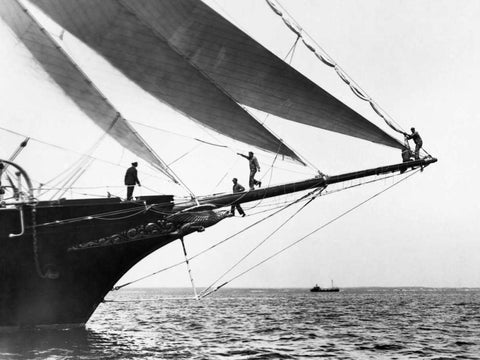 Ship Crewmen Standing on the Bowsprit 1923 Black Ornate Wood Framed Art Print with Double Matting by Levick, Edwin