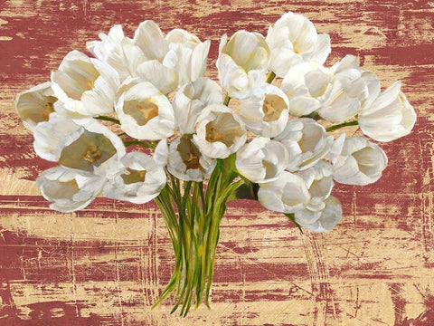 Washed Tulips (Red and Gold) Black Ornate Wood Framed Art Print with Double Matting by Sanna, Leonardo