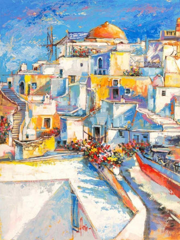 Santorini Black Ornate Wood Framed Art Print with Double Matting by Florio, Luigi