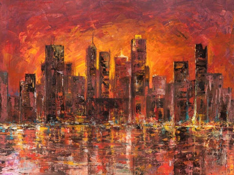 Sunset in New York White Modern Wood Framed Art Print with Double Matting by Florio, Luigi