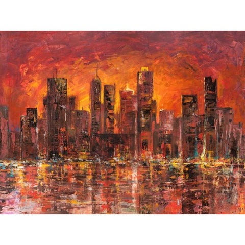 Sunset in New York Black Modern Wood Framed Art Print with Double Matting by Florio, Luigi