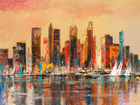 Baia di New York White Modern Wood Framed Art Print with Double Matting by Florio, Luigi