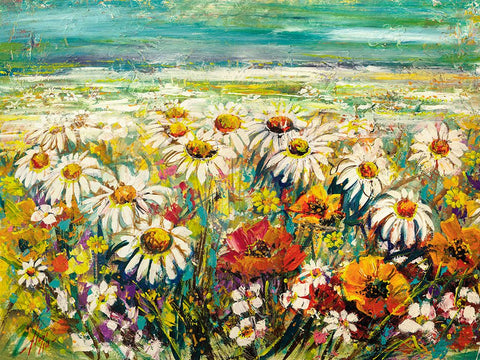 Margherite sotto un cielo turchese Black Ornate Wood Framed Art Print with Double Matting by Florio, Luigi