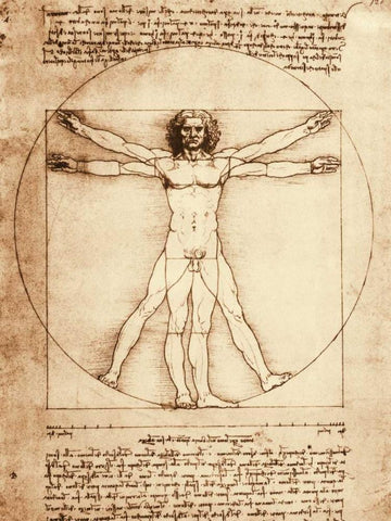 Vitruvian Man Black Ornate Wood Framed Art Print with Double Matting by da Vinci, Leonardo