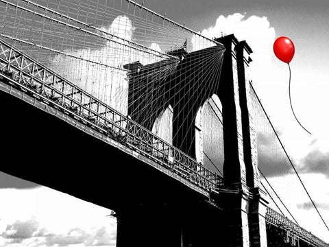 Balloon over Brooklyn Bridge White Modern Wood Framed Art Print with Double Matting by Masterfunk collective