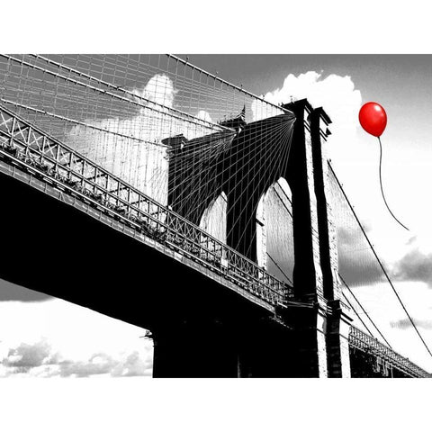 Balloon over Brooklyn Bridge Black Modern Wood Framed Art Print by Masterfunk collective