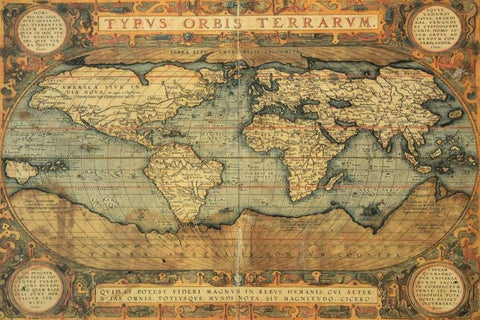 Typus Orbis Terrarum 1587 White Modern Wood Framed Art Print with Double Matting by Ortelius, Abraham