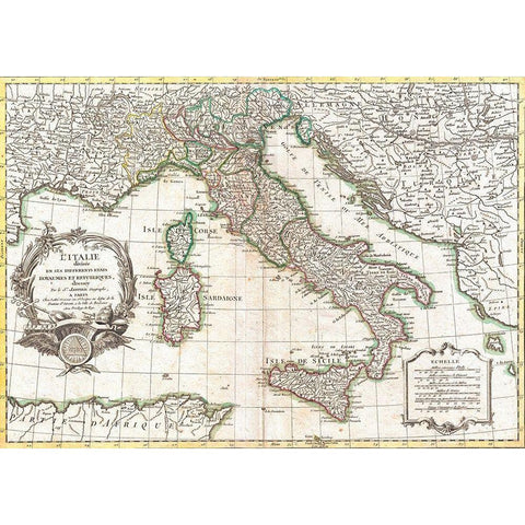 Map of Italy, 1770 Black Modern Wood Framed Art Print with Double Matting by Robert, Janvier